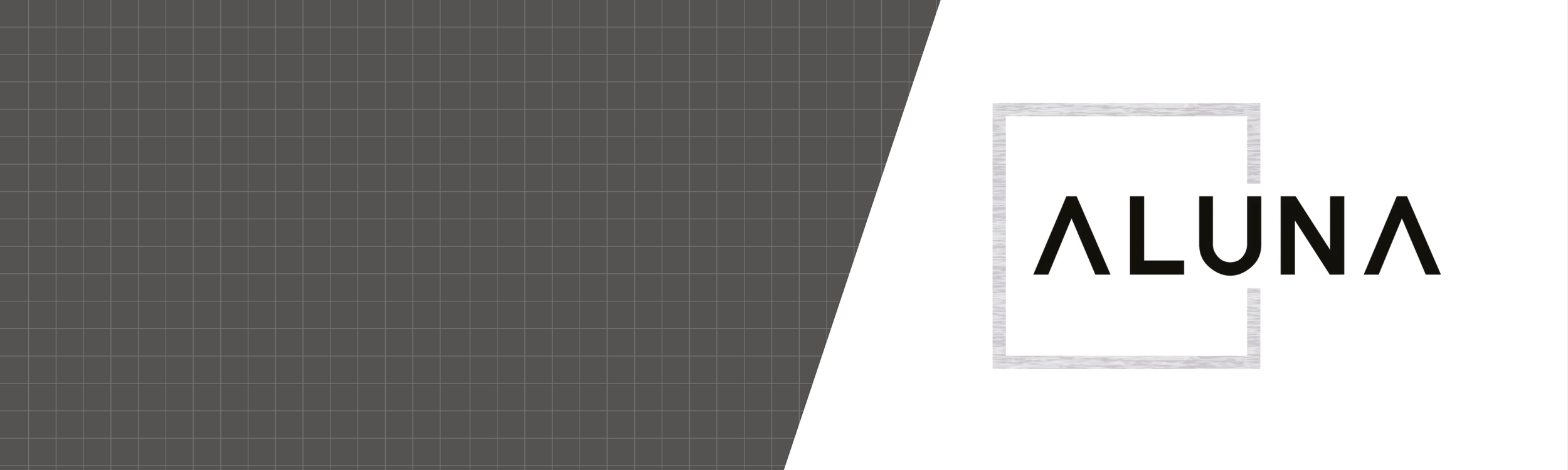 A digital design with a split background, one side dark gray and the other side white. On the white side, there is a logo with a square outline and the text 'ALUNA' in a modern font.