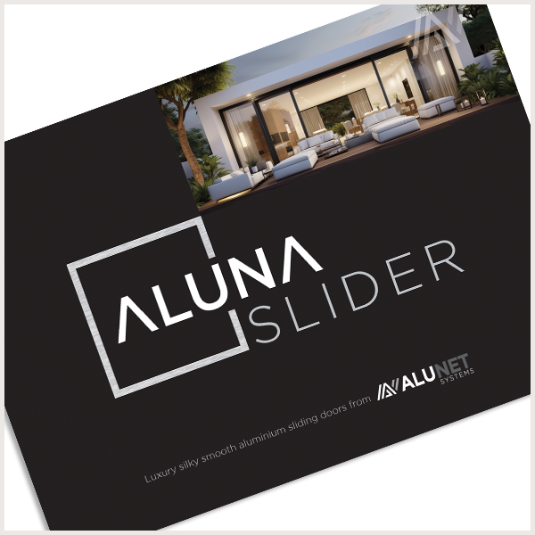 A brochure for Aluna Slider showcasing a luxury modern house with outdoor seating, and the company's logo and tagline.