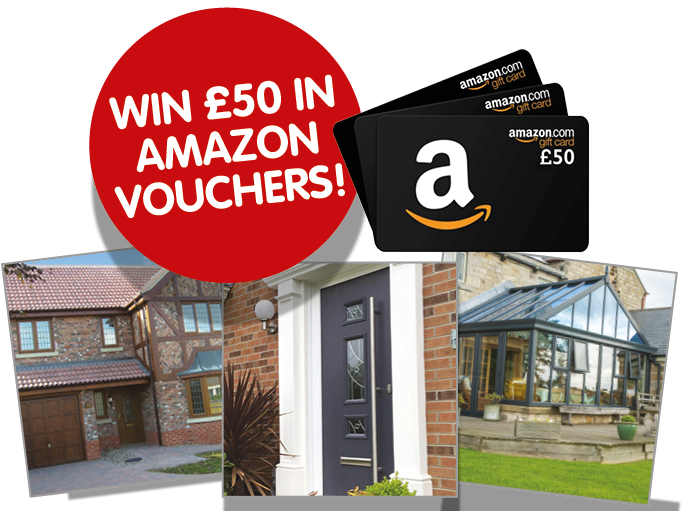 Advertisement offering a chance to win 50 British pounds in Amazon vouchers, featuring images of different house exteriors and Amazon gift cards.