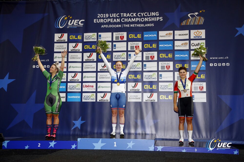 Maria Martins (right) winning Bronze at 2019 European Scratch Race Championships