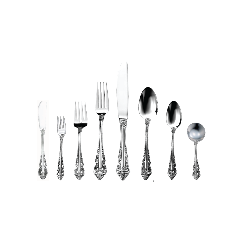 ABBEY FLATWARE available in: Butter Knife (7"), Cocktail Fork (5.6"), Salad Fork (7"), Dinner Fork (8.1"), Dinner Knife (9.75"), Salad Knife (9”), Dessert/Soup Spoon (6.9"), Teaspoon (6"), Bouillon Spoon (6")