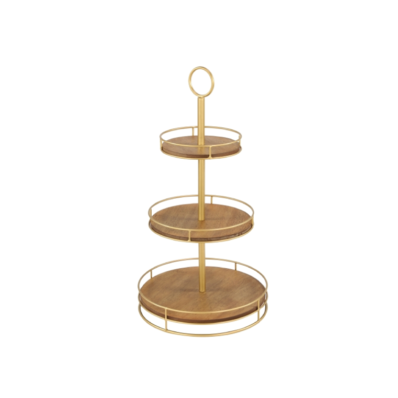 WOOD & GOLD METAL 3-TIER SERVER dimensions: 8”, 11”, 14” x 27”h