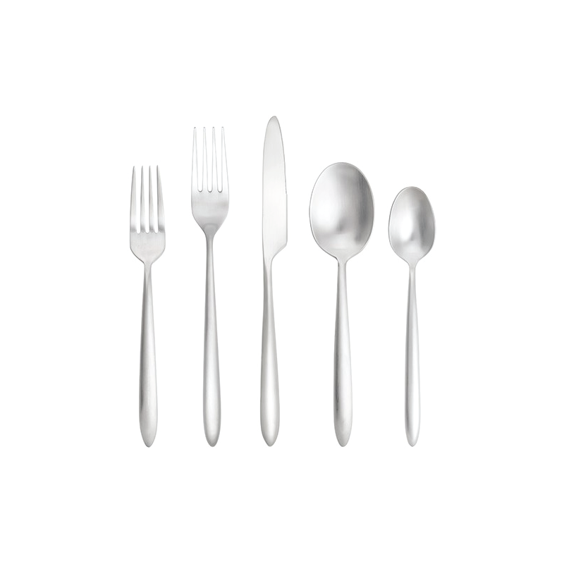 MATTE SILVER FLATWARE available in: Salad Fork (7,.25"), Dinner Fork (8.25"), Dinner Knife (9"), Dessert/Soup Spoon (7.5), Teaspoon (6.7")