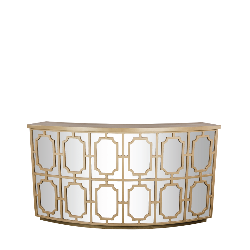 VIP BAR IN THE ROUND 14’ diameter; 6 curved sections of 7’l x 44”h; custom bar back shelving available