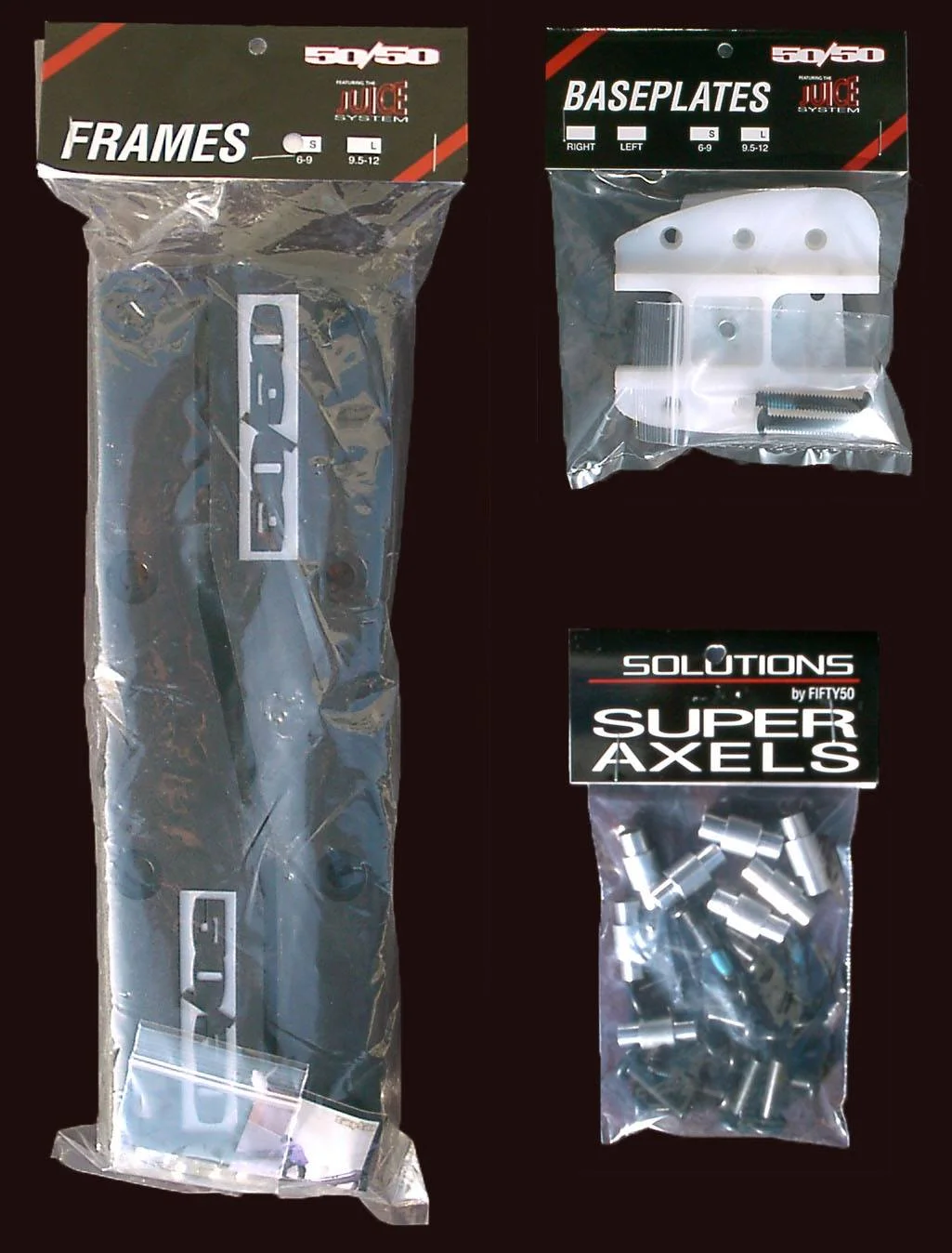 Frames, baseplates and axles were sold aftermarket as a replacement or for customization. We sold the baseplates in sets of two rather than sets of four, assuming people would wear down the soul on one side faster than the other.