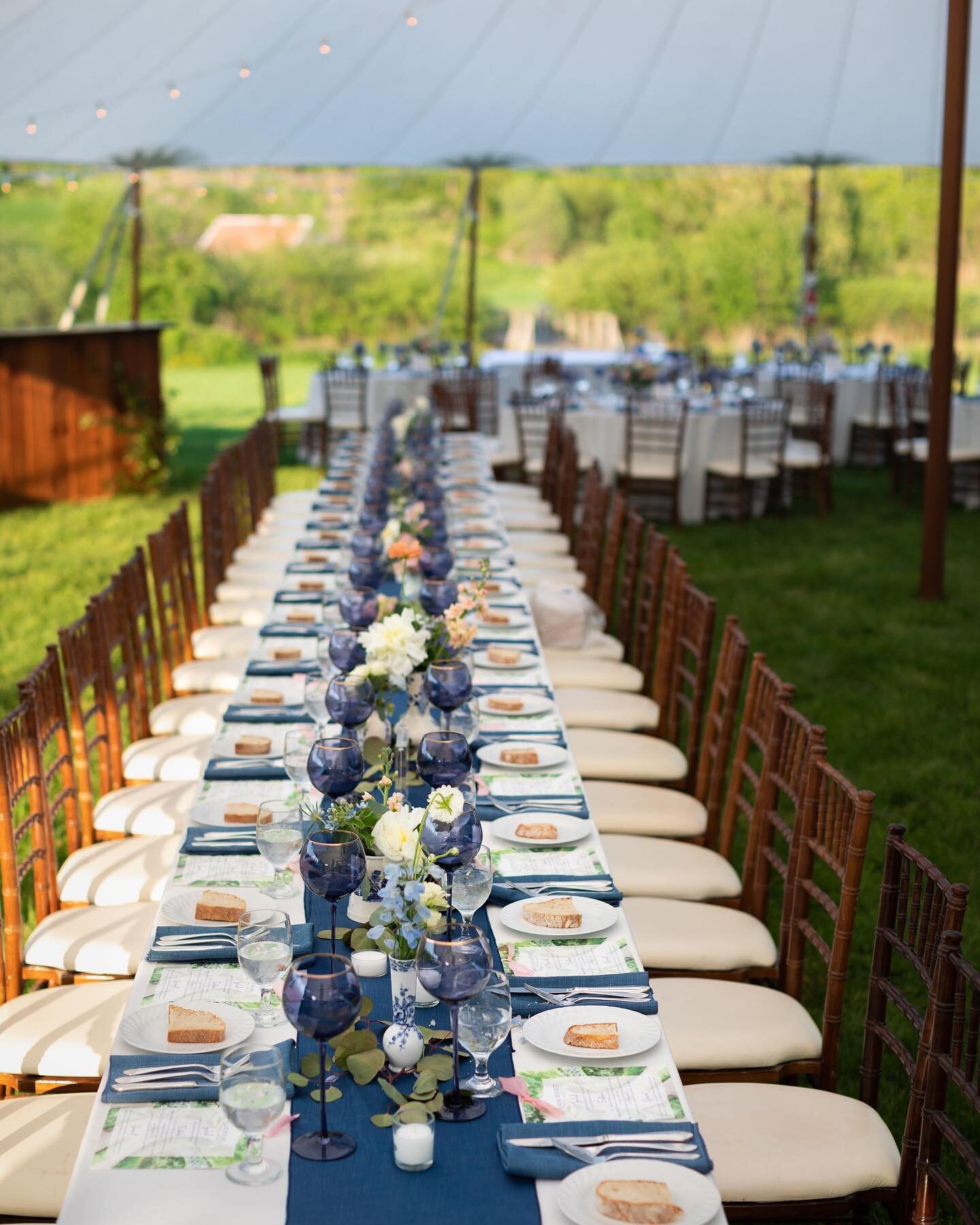 For the last year and a half we have been adding to our rental collection! These beautiful blue and white ginger vases are available for rent! They were the perfect addition to this head table, and two of our large vases for ceremony and moved to rec