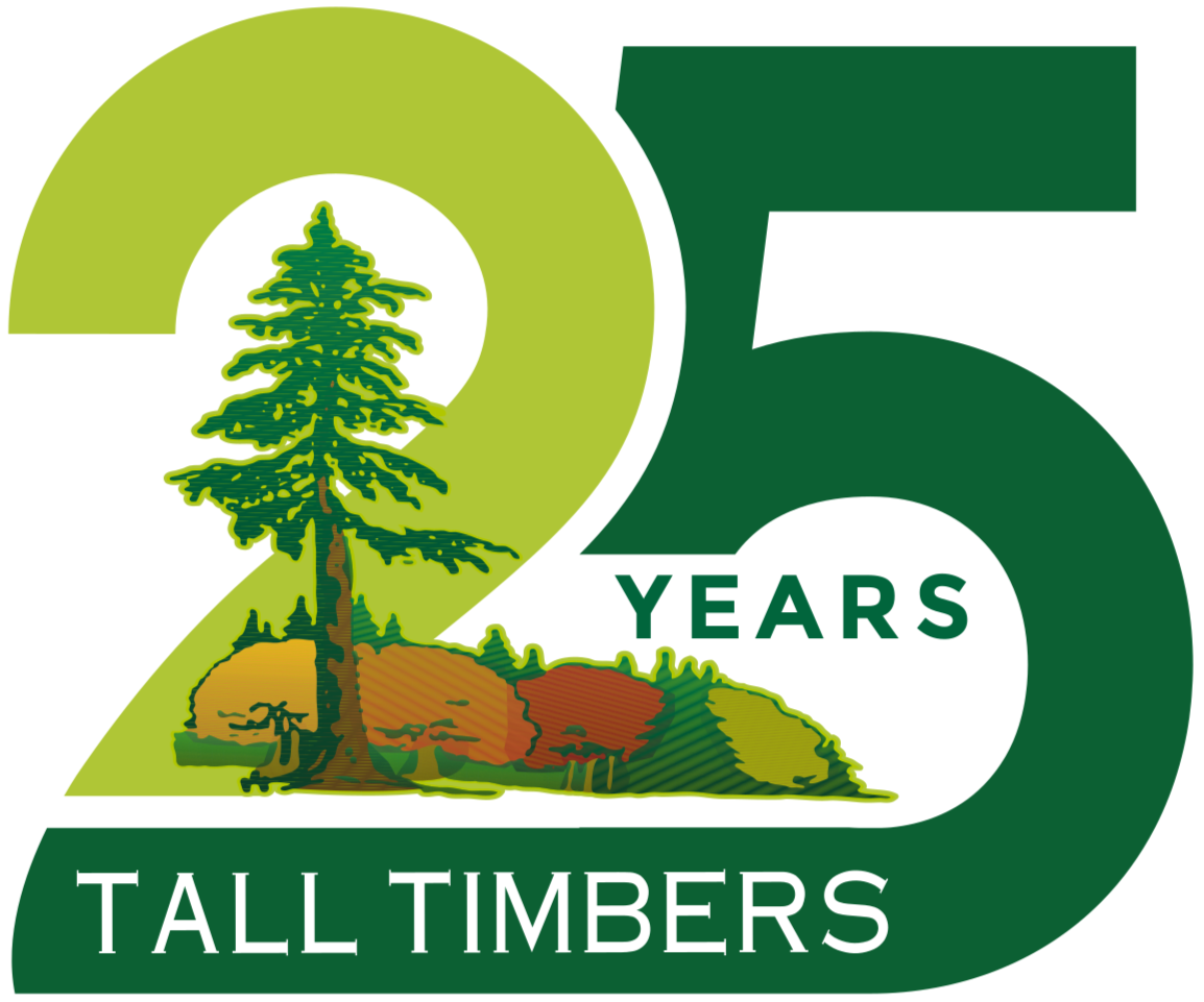 Logo celebrating 25 years of Tall Timbers with a large green number 25, a tall pine tree, and the text 'YARS' and 'TALL TIMBERS'.