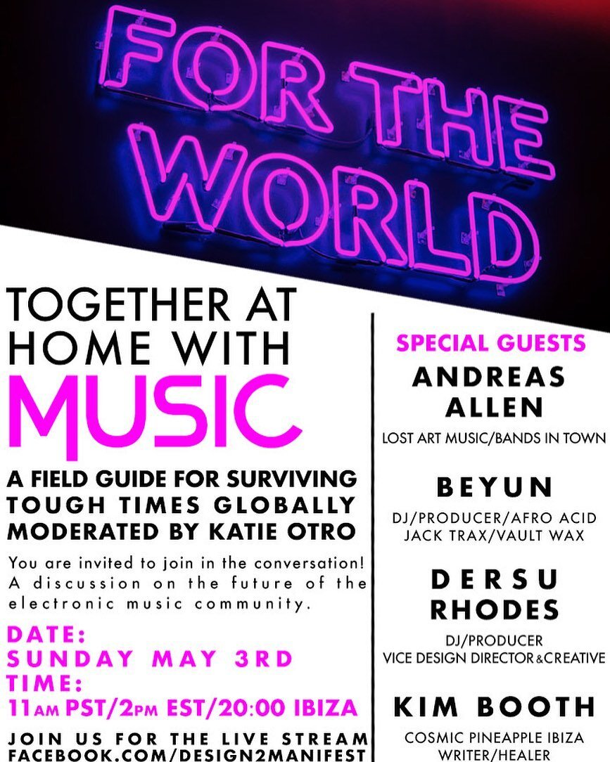 Join us today for a roundtable discussion. Sunday May 3rd @ 11am PST / 2pm EST / 20:00 IBIZA w/ Special guests @lostartandy @kimboooth @dersurhodes @beyun303 🎶🎧🎶Join the Q&amp;A on the @design2manifest  #LiveStream Facebook page at www.FaceBook.co