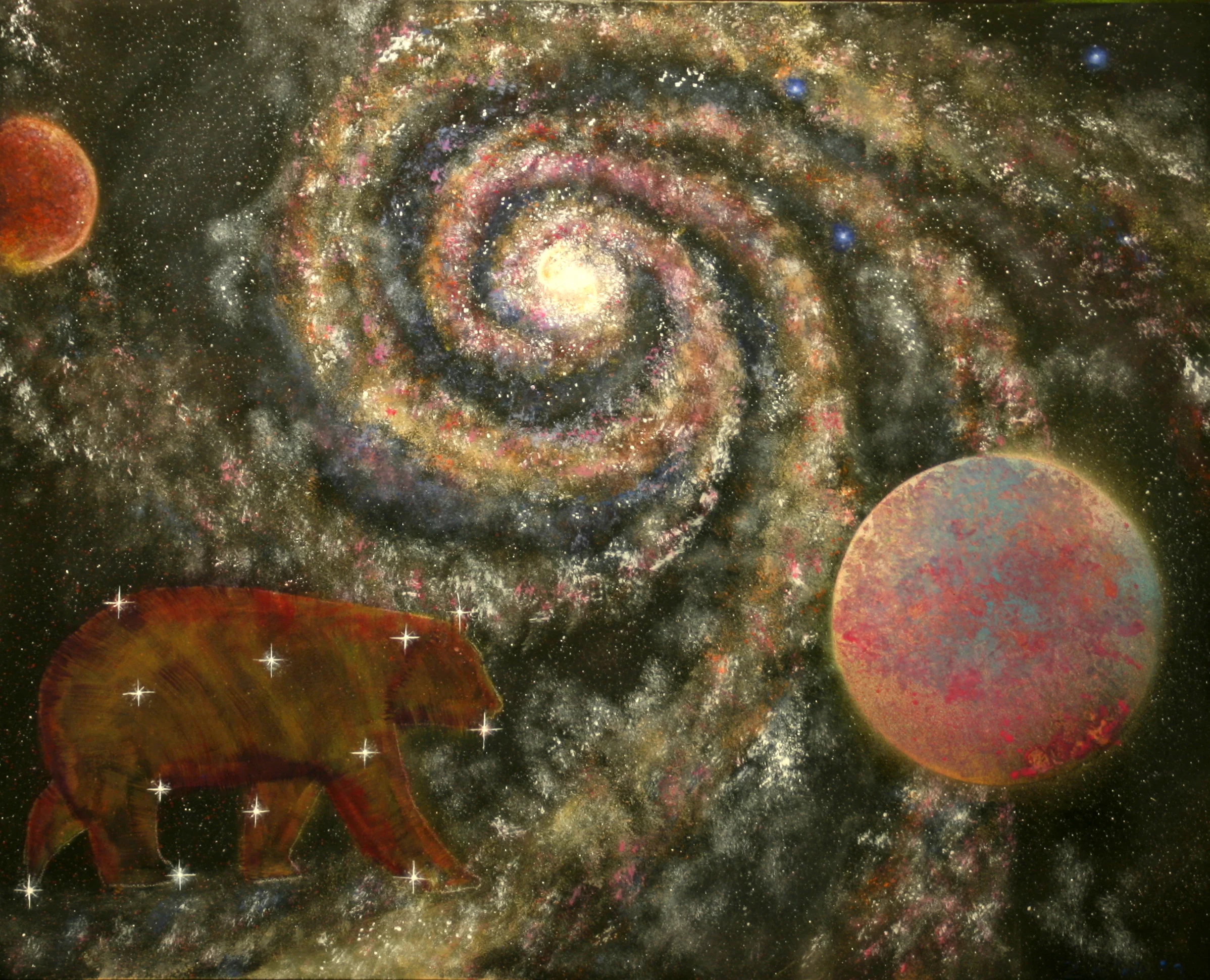 Hodijöni’ga:’ (They Are of the Bear Clan) 24" x 30" x 2" Acrylic, spray, glow-in-the-dark and black-light paints on hardboard. 2018