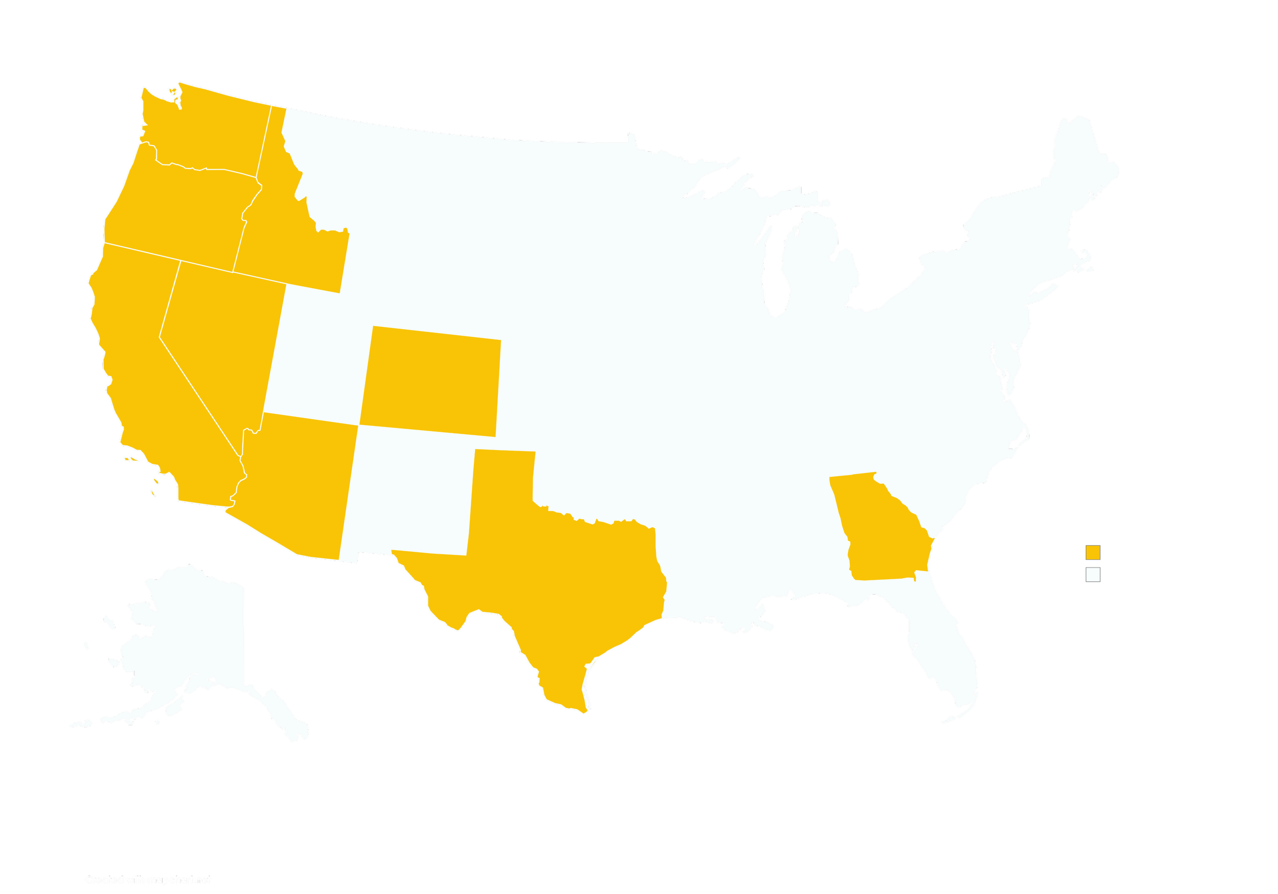 Map of the United States with several states highlighted in yellow.