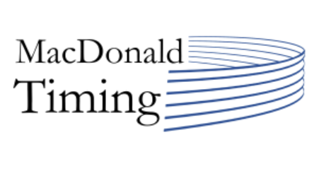 MacDonald Timing logo with stylized blue lines resembling a moving track or path.