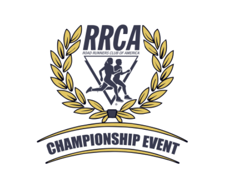 Logo for RRCA Road Runners Club of America Championship Event with illustrations of two runners and laurel wreath.