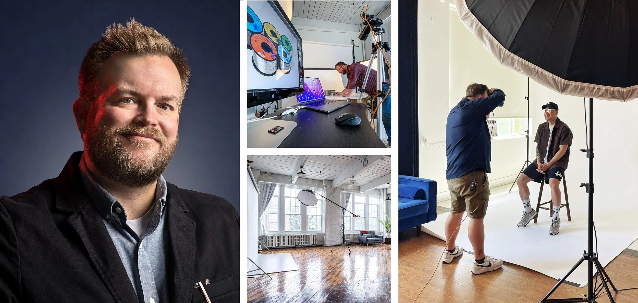 Collage of four images: a portrait of a man with a beard and short hair smiling in a studio; a workspace with a computer, color discs, and a man working; a photography studio with lighting equipment and large windows; a photo shoot setup with a model sitting on a stool, a photographer, and lighting equipment.