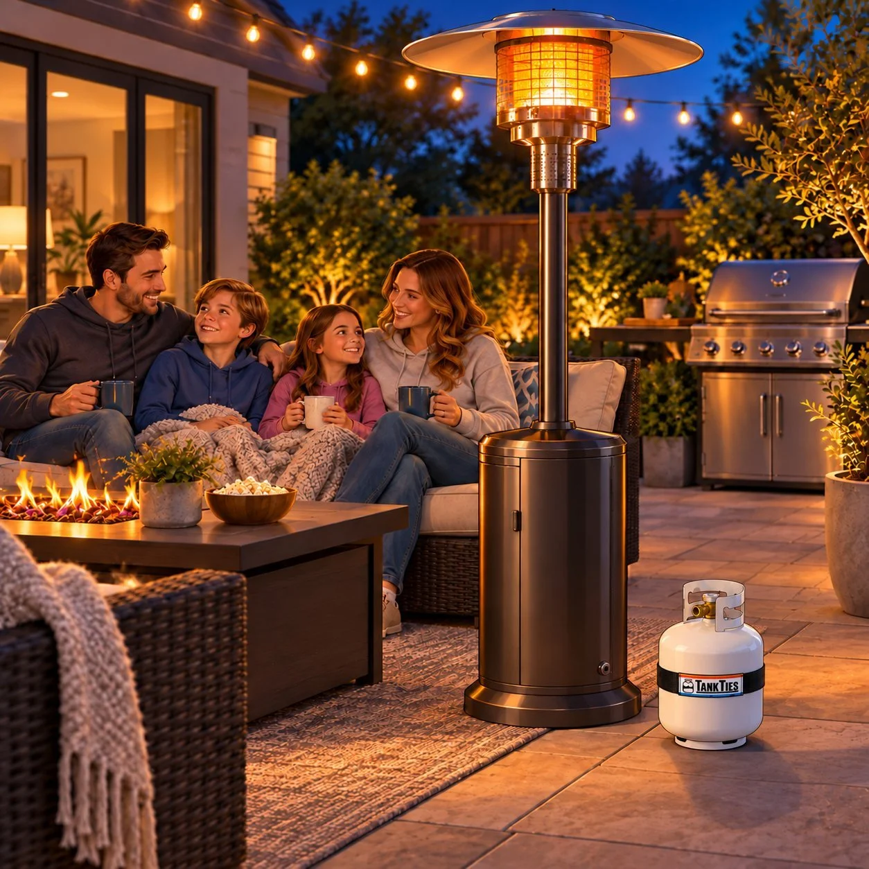 Family relaxing on a patio at night beside a glowing propane patio heater, with a 20 lb propane tank wearing a Tank Ties strap