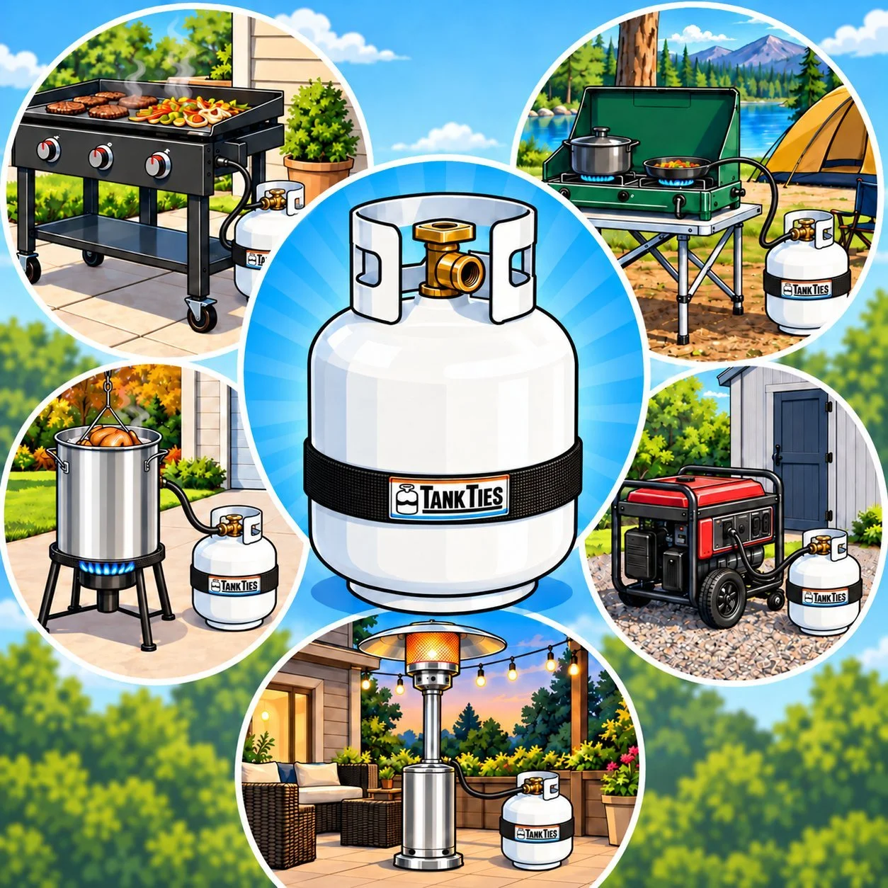 Cartoon of a 20 lb propane tank wearing a black Tank Ties strap, surrounded by a griddle, camp stove, turkey fryer, generator and patio heater