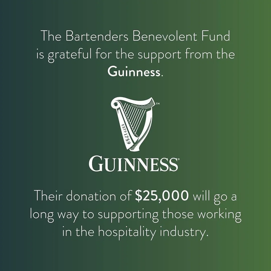 Happy St. Patrick&rsquo;s Day from @bartendersbenevolentfund We are so excited that we get to start this St. Patricks Day with on a celebratory note, as we thank Guinness&nbsp;for their generous donation of $25,000 to the Bartenders Benevolent Fund!
