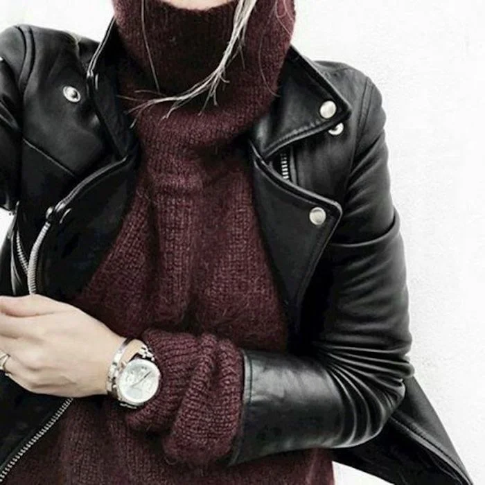 sweater and leather jacket
