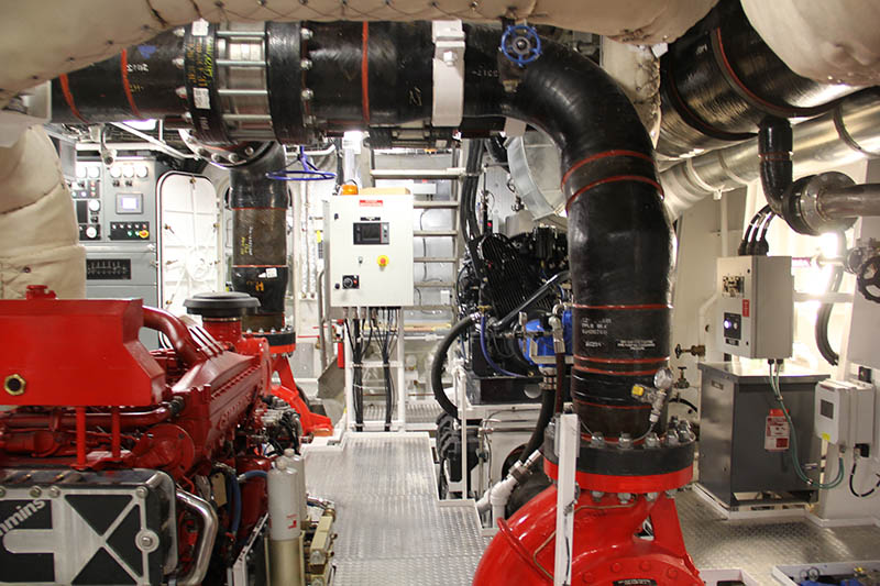 The Fireboat 3 engine room, where the Cummins main engines take care of propulsion and pumping power. Vigor photo.