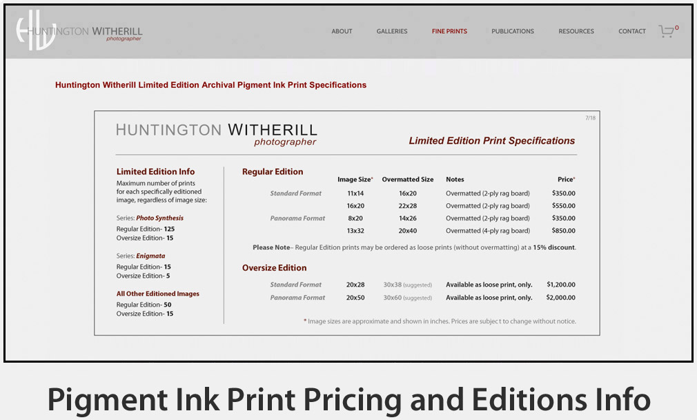 Pigment Ink Print Pricing and Editions Info