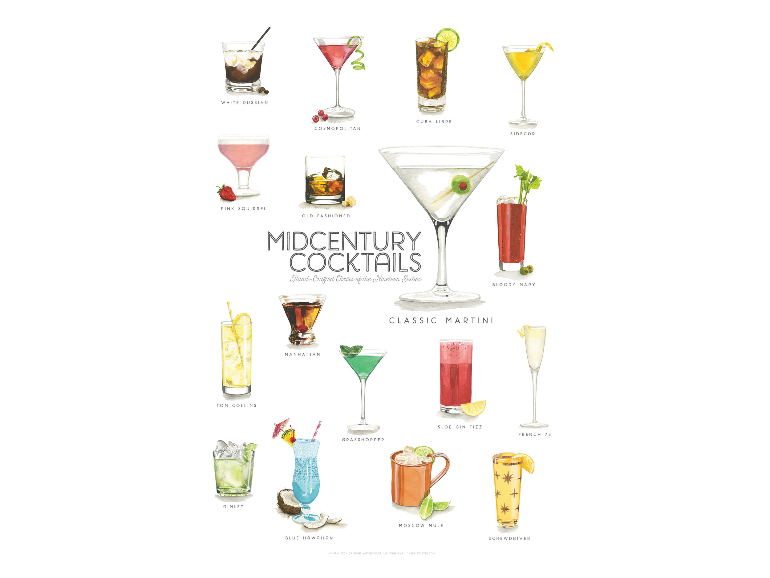 Mid-Century Watercolor Cocktail Poster Design