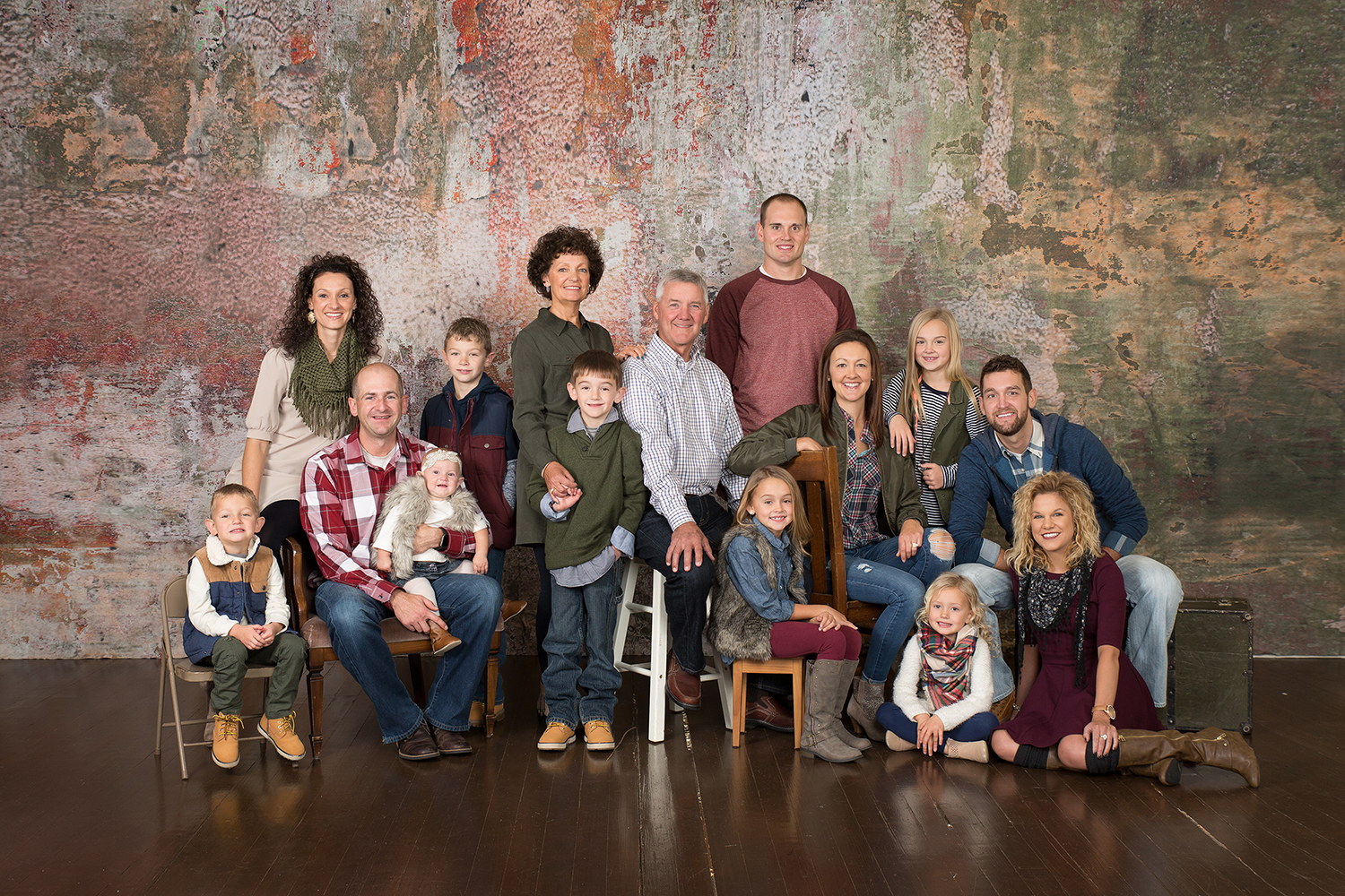  Yorkshire Ohio, family clothing, indoor family, studio session, studio backdrop, extended family, large family 