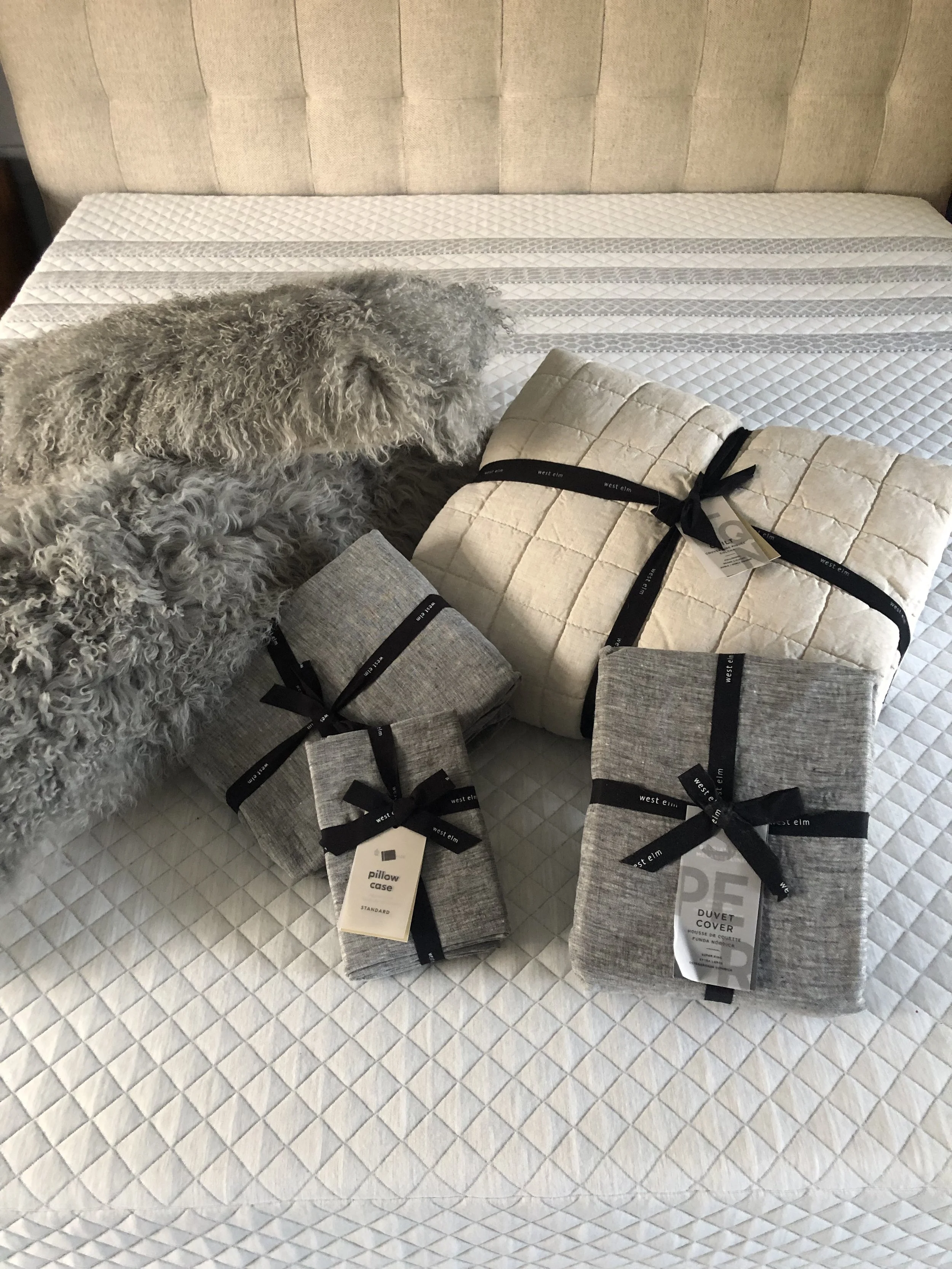 Belgian Flax Linen Melange Sheets, Duvet and Pillow Cases - Slate Belgian Flax Linen Bedspread - Natural Flax Mongolian Lamb Cushions - Platinum