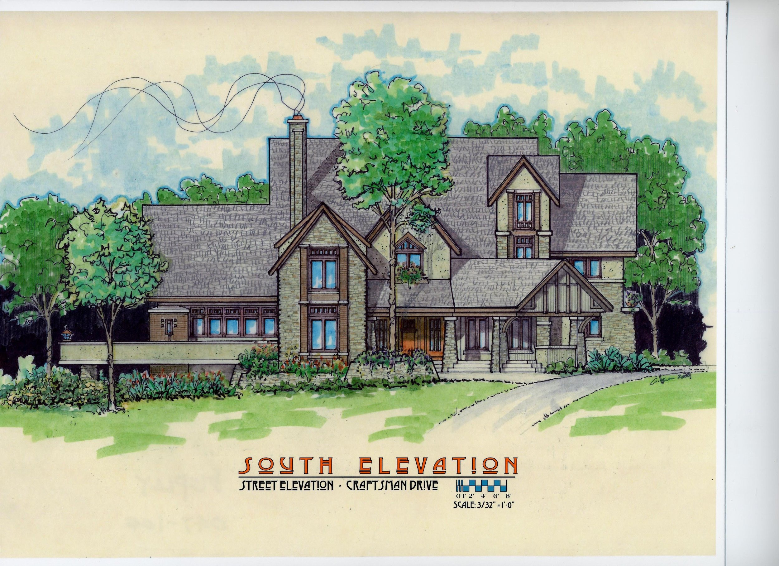 Illustration of a large house with multiple gabled roofs, surrounded by trees and a lawn, labeled 'South Elevation' with street elevation and Craftsman drive details.