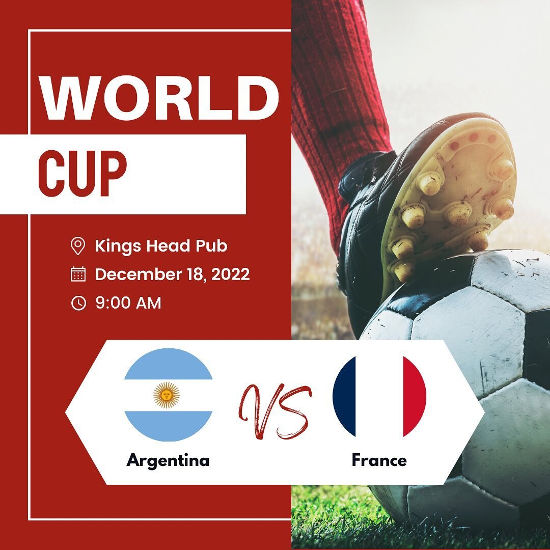 France vs. Argentina this Sunday at the pub! Doors open at 8am and we will be serving us a delicious breakfast buffet and any drink you desire.

Make a reservation by emailing Kingshead@kingshead.ca or calling 204-957-7710
&bull;
&bull;
&bull;
#footb