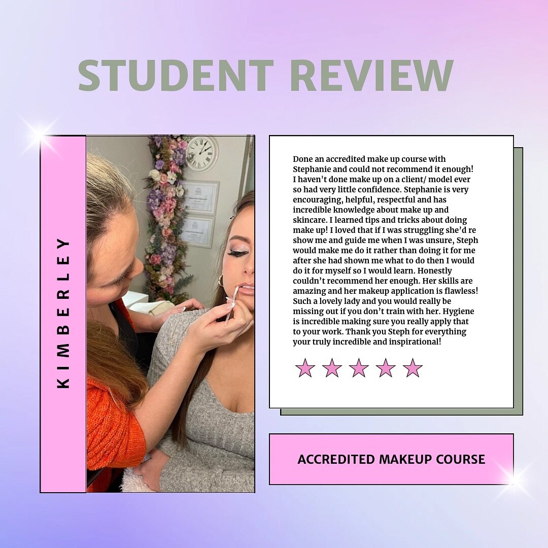 ✨ Student Review ✨

It was so great to have Kimberley in the studio for her accredited makeup course.

She came to me with no makeup experience, but dived into the world of makeup artistry head first! She challenged herself daily, really gained confi