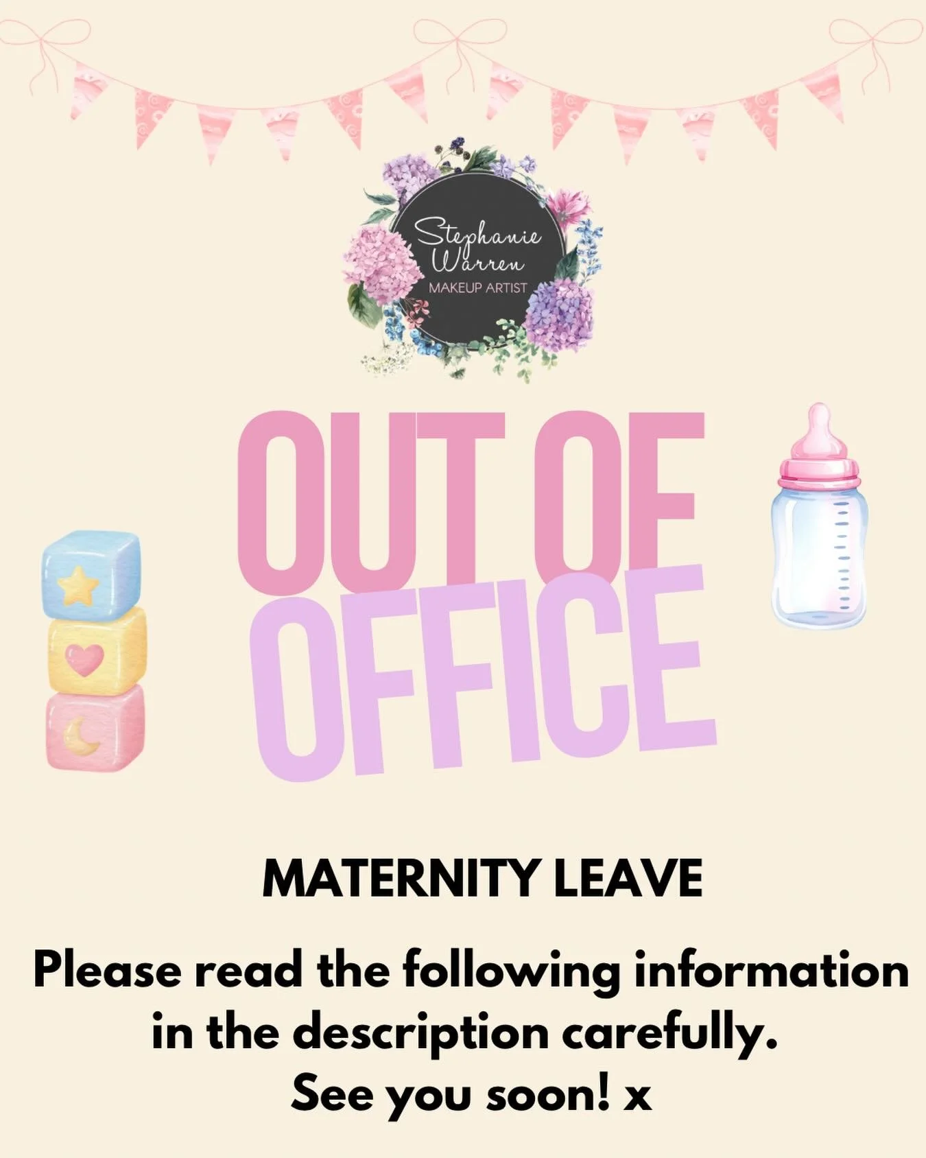 IMPORTANT INFORMATION

The time has come for me to put down my makeup brushes! This is sooner than I&rsquo;d hoped, but it&rsquo;s time to listen to my body, rest and patiently wait for our little baby girl to arrive! 

🎀 I AM NOW ON MATERNITY LEAVE