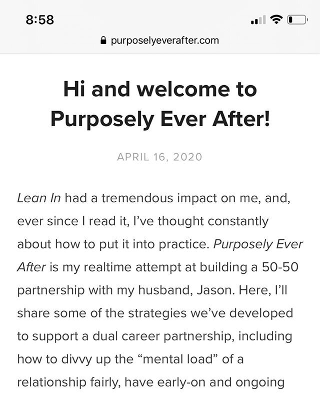 Sharing something I've been thinking about forever and am finally taking the plunge to actually do: I've started a blog about how Jason and I think about managing a dual-career marriage - Purposely Ever After (link in bio). The book Lean In came out 