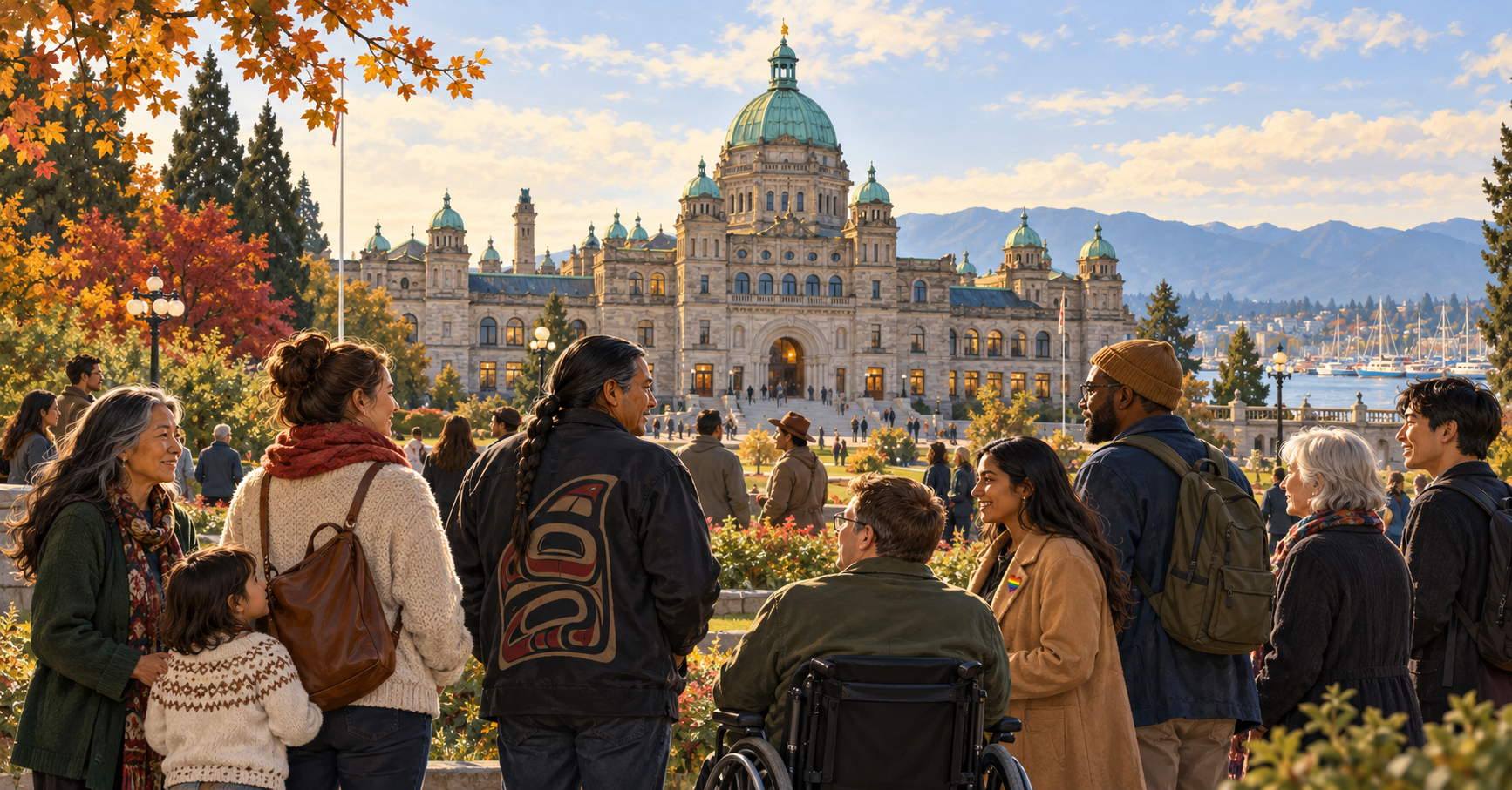 Illustration of a diverse group of adults and a child, including a wheelchair user, gathered outside the British Columbia Parliament Buildings amid autumn foliage.