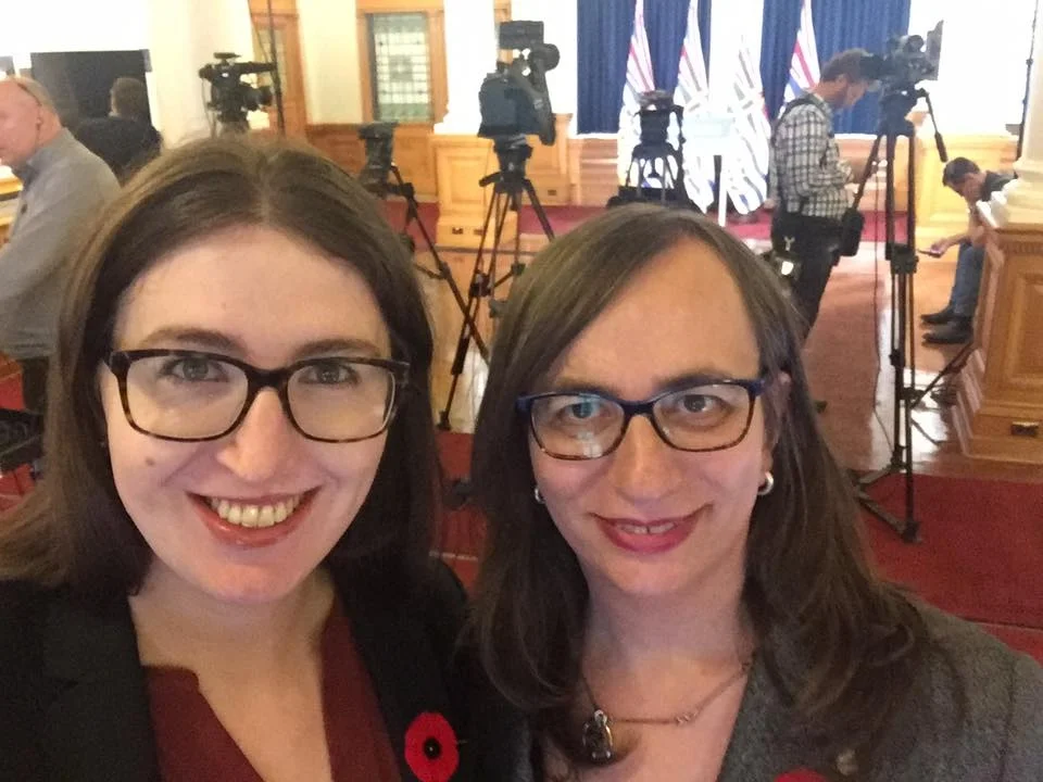 Morgane Oger Foundation Planning Lead Catherine Jenkins (left) and founder Morgane Oger (right) at the BC Legislature on November 1 during a press announcement introducing the BC Human Rights Commission Photo: Catherine Jenkins