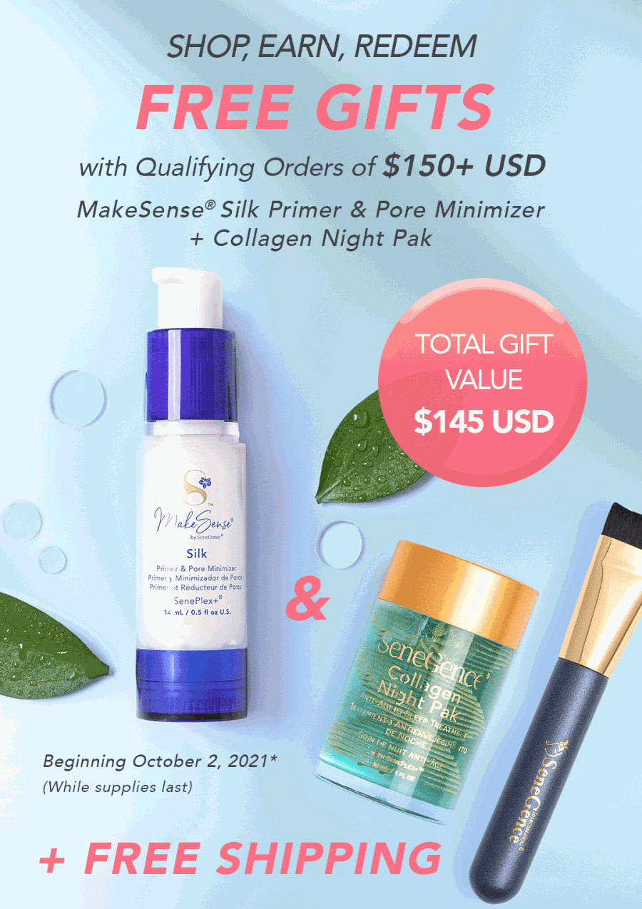SeneGence October Free Gifts - Shop, Earn, Redeem - Free Silk Primer and Collagen Night Pak $145 Value