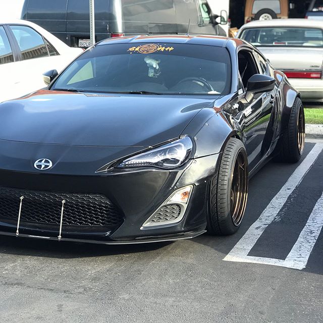 Pt2: The customer is running a real aggressive set up in the front. 18x10 -28. After many suspension tweaks and trimming the front fenders, they finally had clearance. #RocketBunny #scion #frs #toyota #CoronaAutowerks