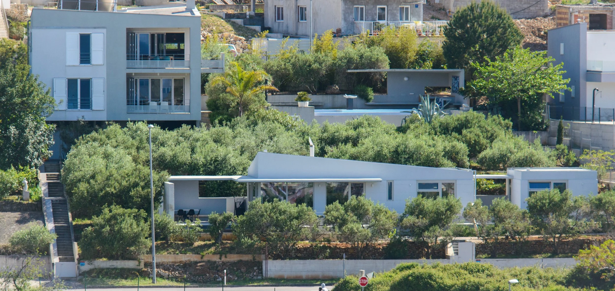 Exterior view of Art Villa Mara on Vis island surrounded by olive trees and Mediterranean greenery