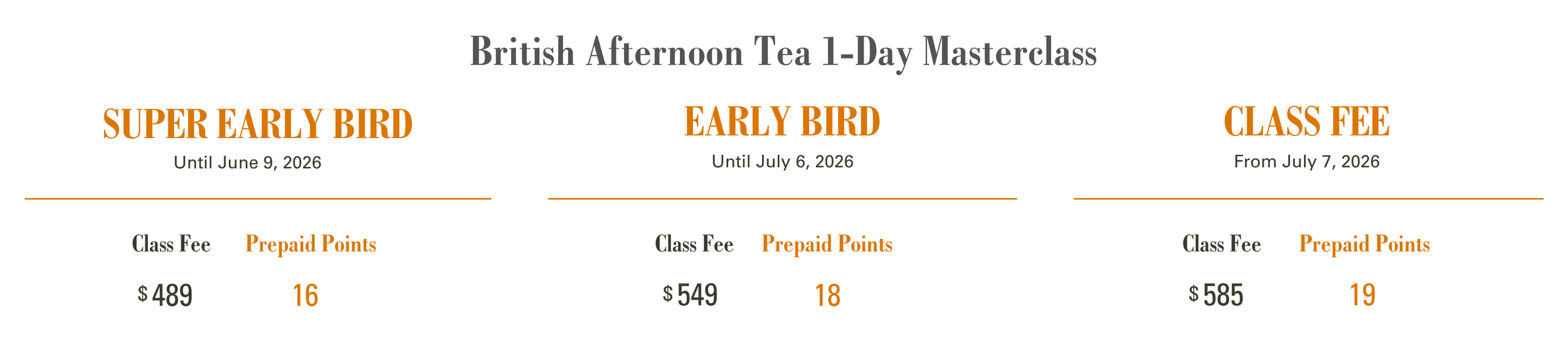 Class fee for chef Michael Kwan's British Afternoon Tea 1-Day Masterclass at Gusta Cooking Studio in Toronto, Canada