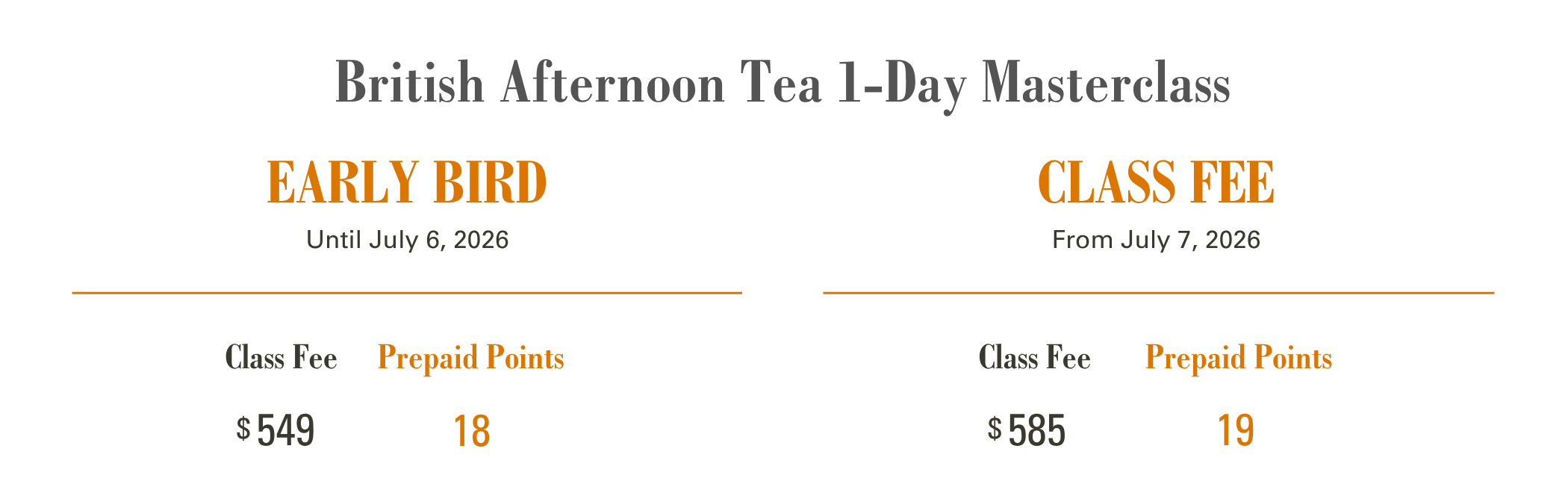 Class fee for Michael Kwan English Afternoon Tea in Toronto