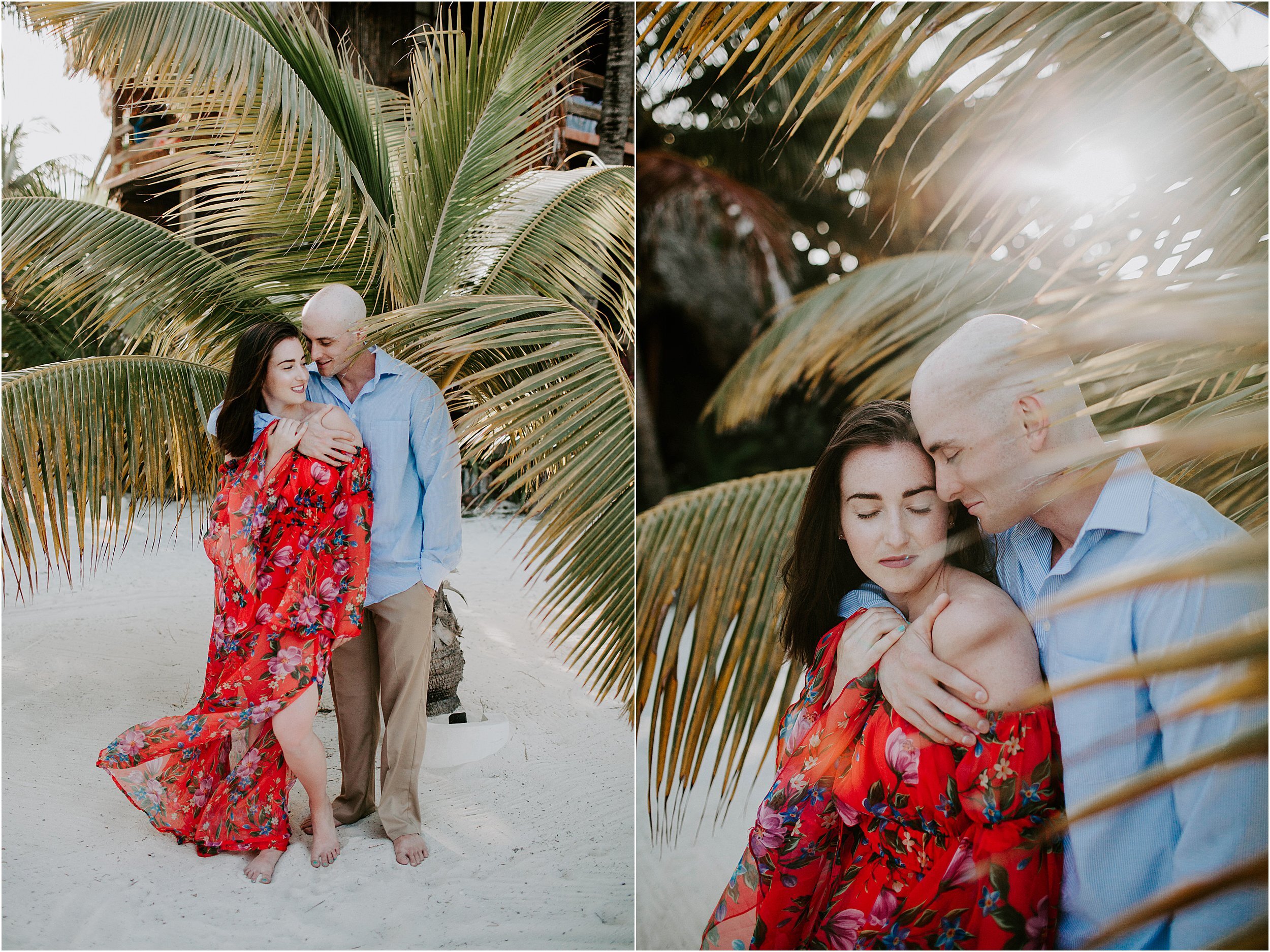  Two pictures are side by side of a couple together, standing in sand barefoot, in front of a large palm tree with the sun shining.  