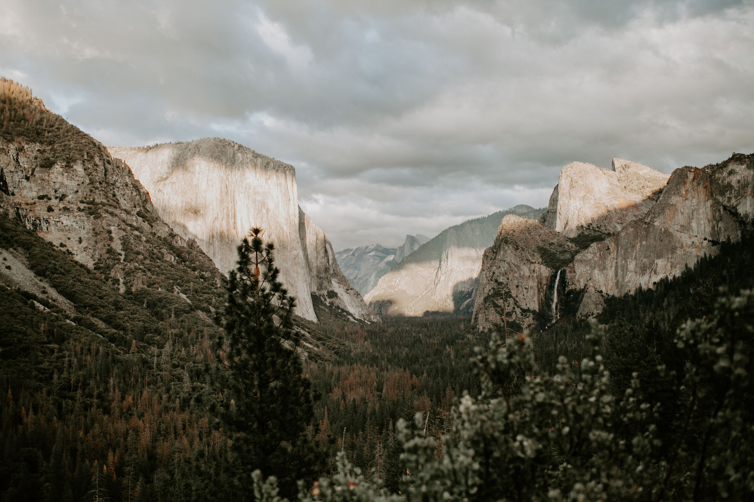  The famous Tunnel View of Yosemite Valley with lush green trees in foreground and the sun shining bright on the granite cliffs. 