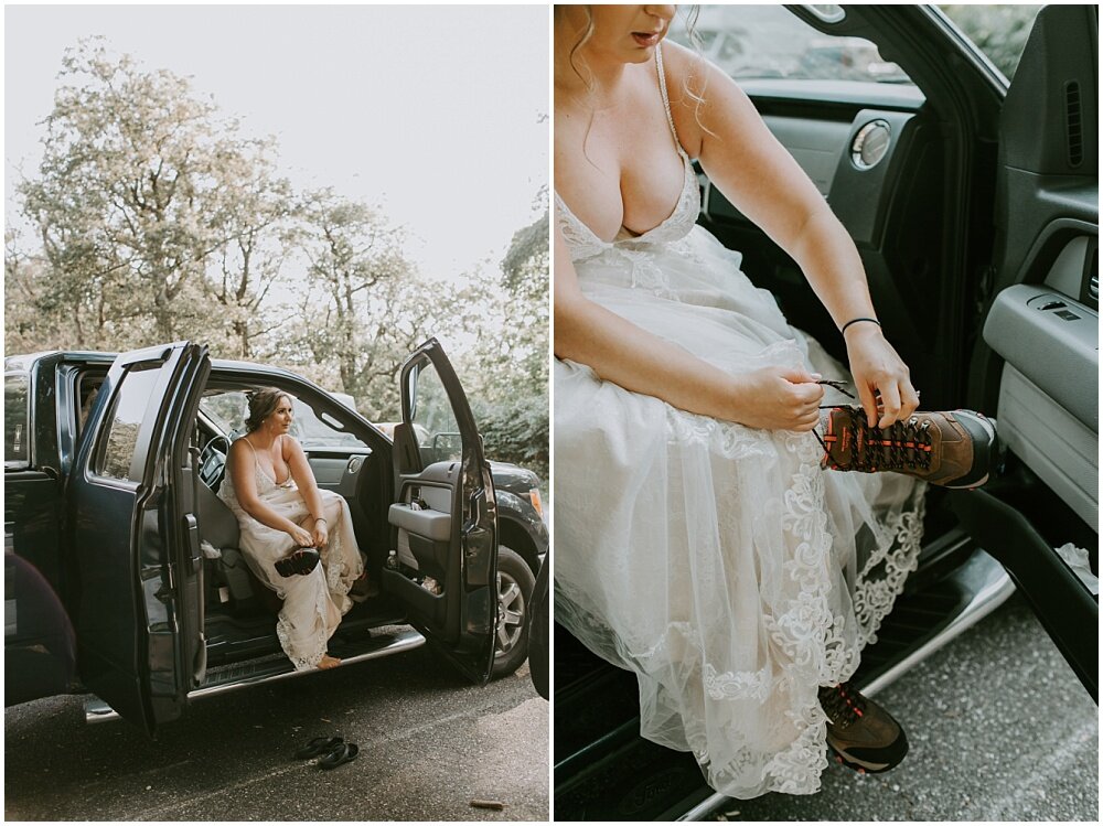 Bride puts on her hiking boots.