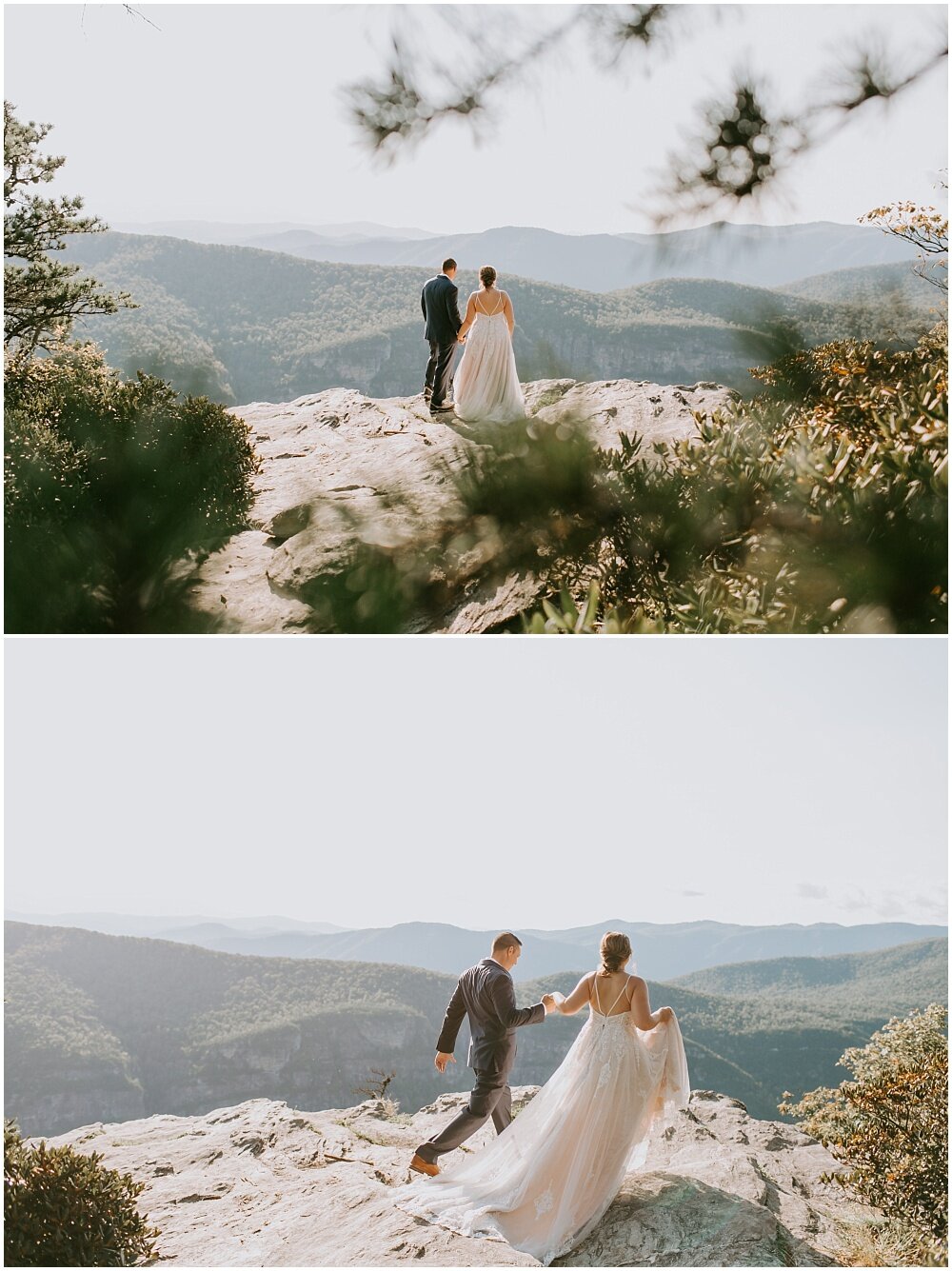 Bride and groom walking along the mountain.