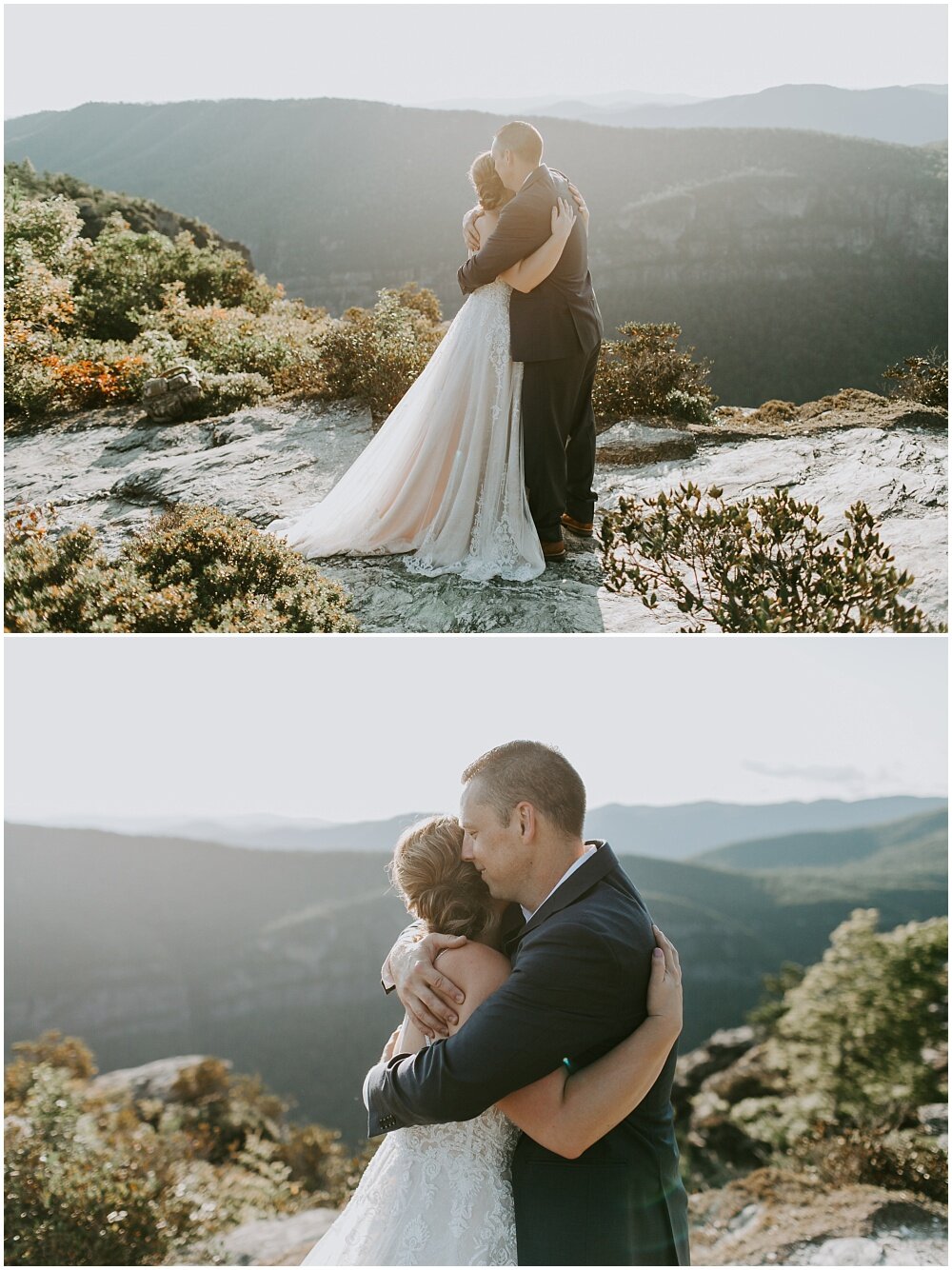 Bride and groom embracing on the mountain.