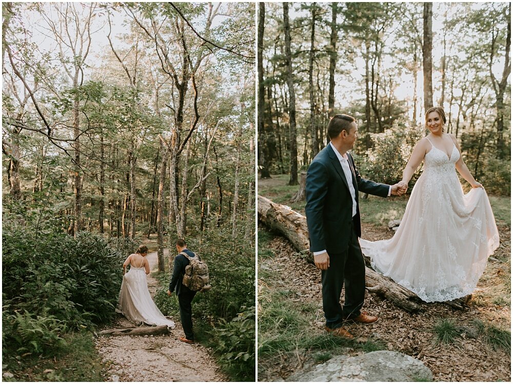 Bride and groom walking through the woods.