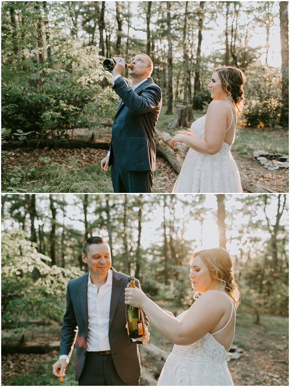 Bride and groom share a drink to celebrate.