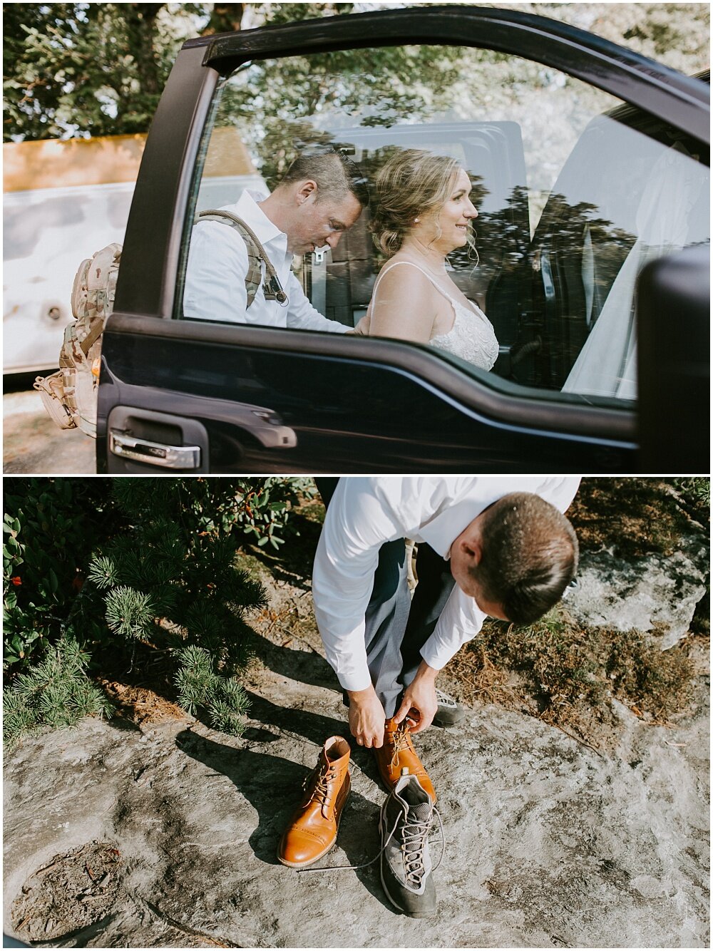 Groom helps zip up the brides dress and groom puts on his shoes.