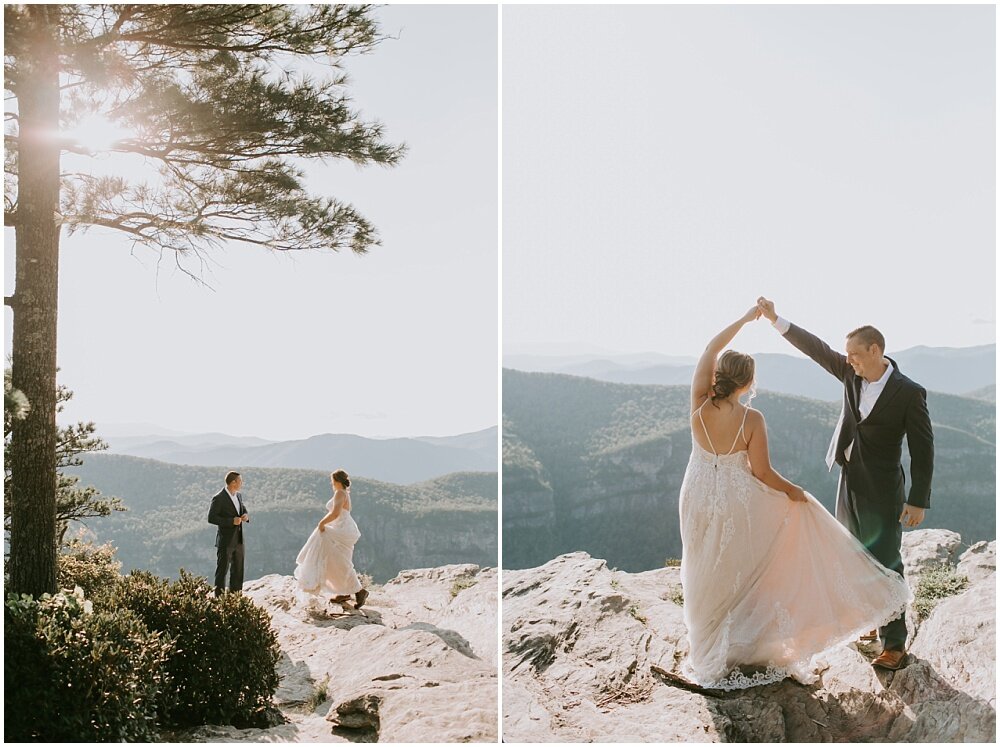 Bride and groom dancing on the mountain.