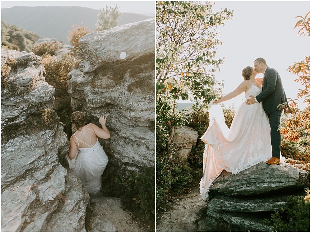 Bride hiking through the mountains in her dress.