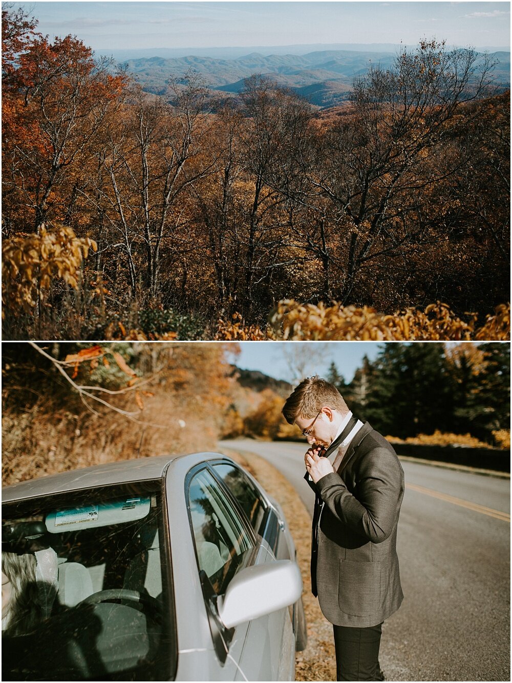 Groom puts tie on in the reflection of the car window.