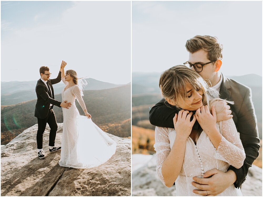 Bride and groom embracing on the mountain.